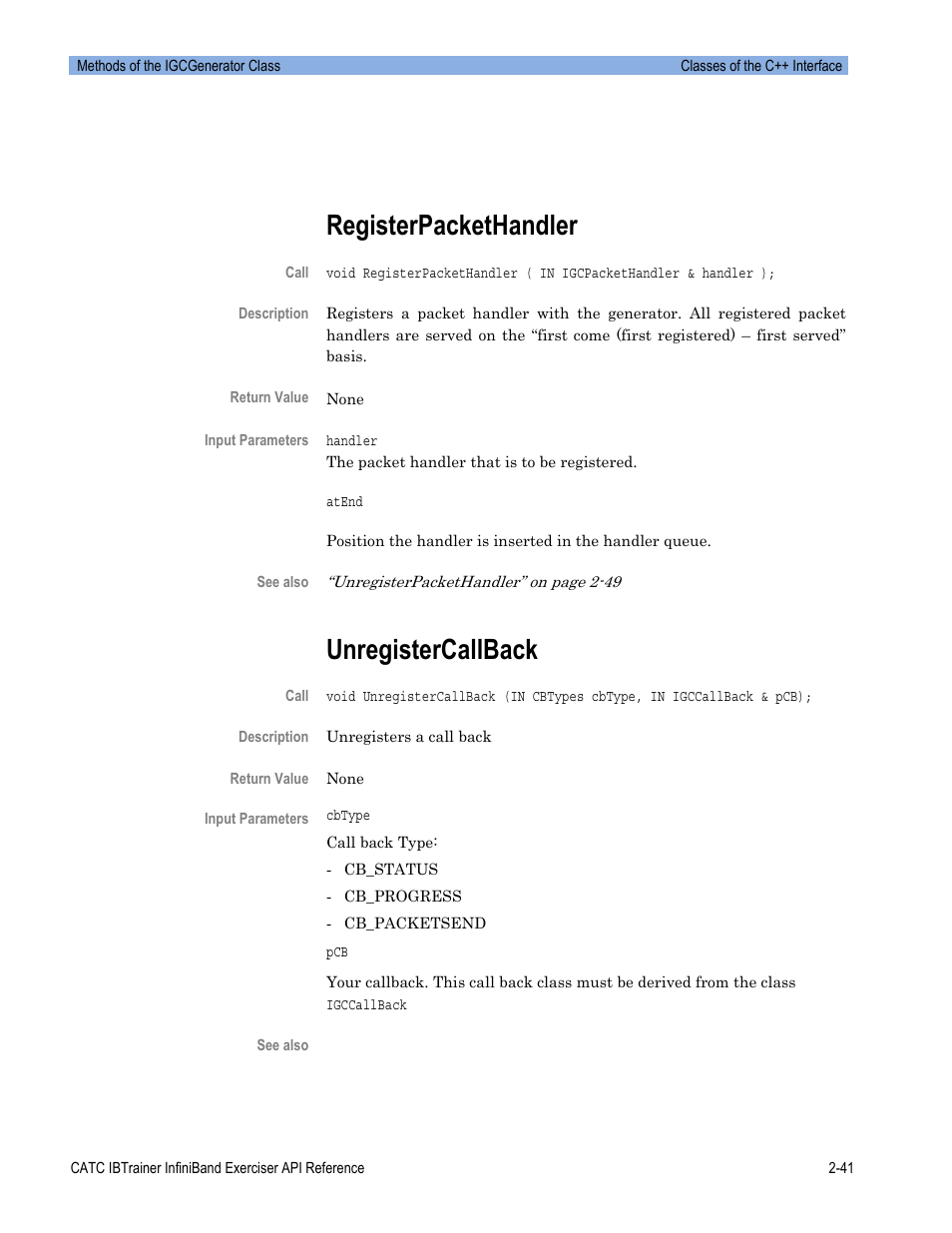 Registerpackethandler, Unregistercallback | Teledyne LeCroy Automation API for IBTrainer Software Ver.2.0 User Manual | Page 63 / 167