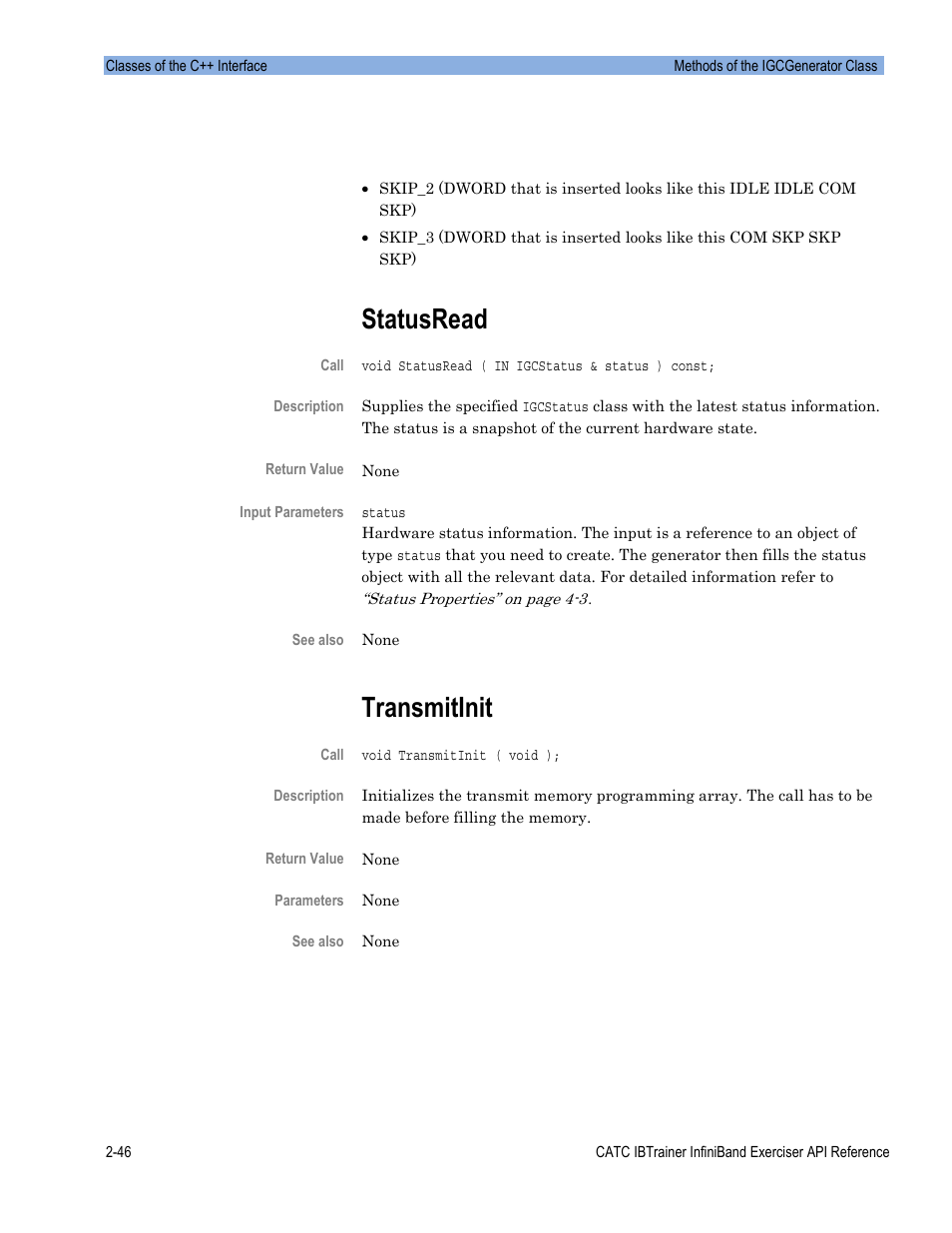 Statusread, Transmitinit | Teledyne LeCroy Automation API for IBTrainer Software Ver.2.0 User Manual | Page 68 / 167