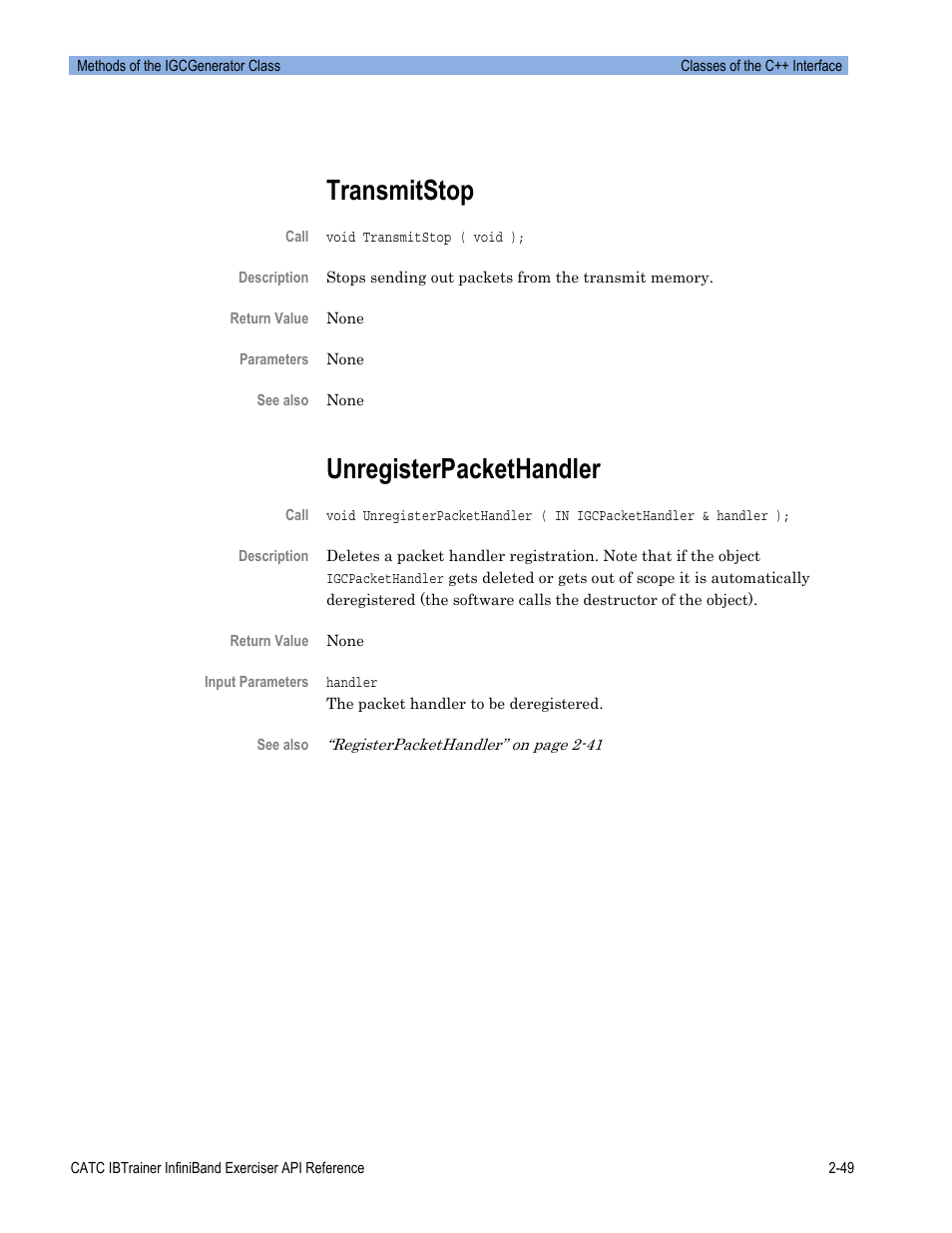 Transmitstop, Unregisterpackethandler | Teledyne LeCroy Automation API for IBTrainer Software Ver.2.0 User Manual | Page 71 / 167