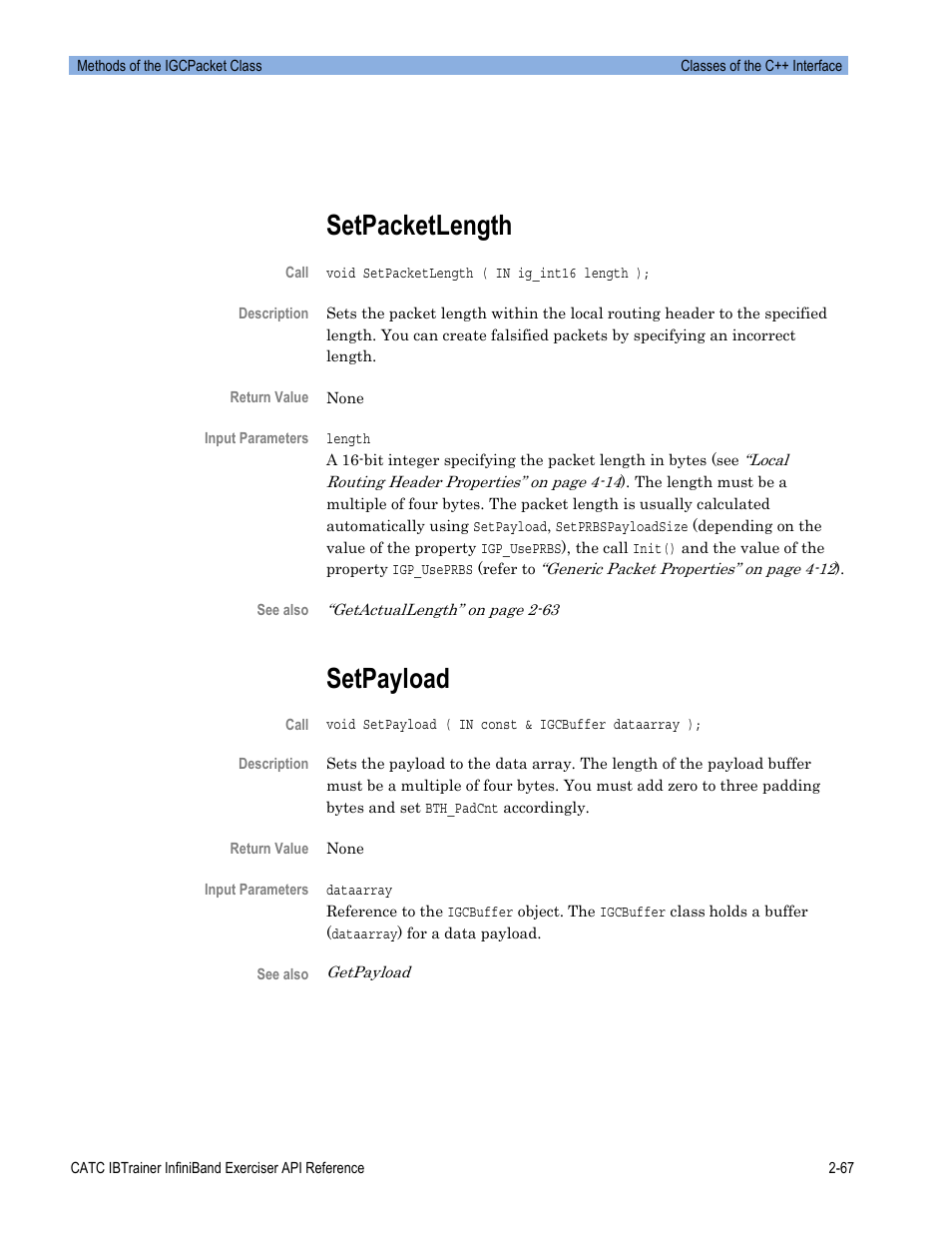 Setpacketlength, Setpayload | Teledyne LeCroy Automation API for IBTrainer Software Ver.2.0 User Manual | Page 89 / 167