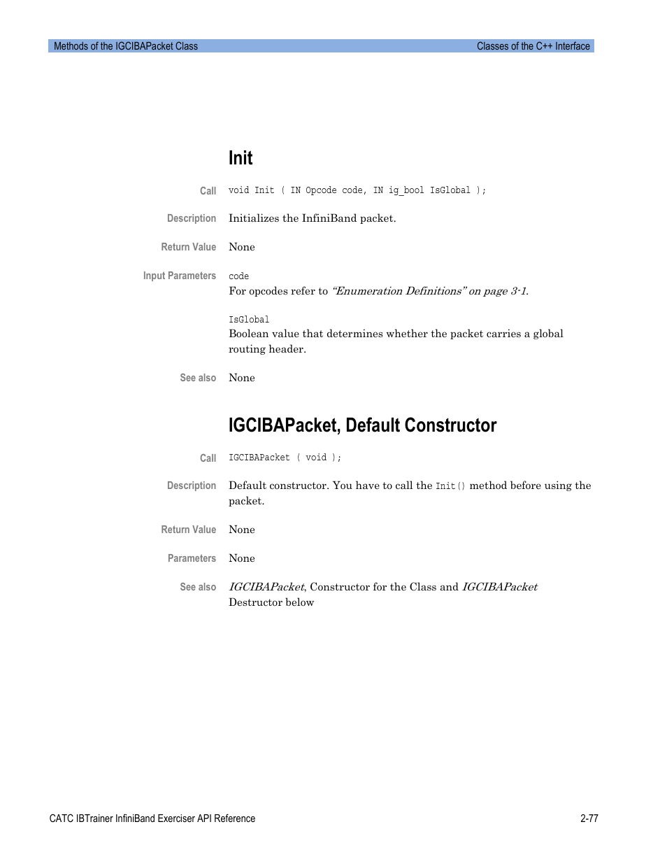 Init, Igcibapacket, default constructor | Teledyne LeCroy Automation API for IBTrainer Software Ver.2.0 User Manual | Page 99 / 167