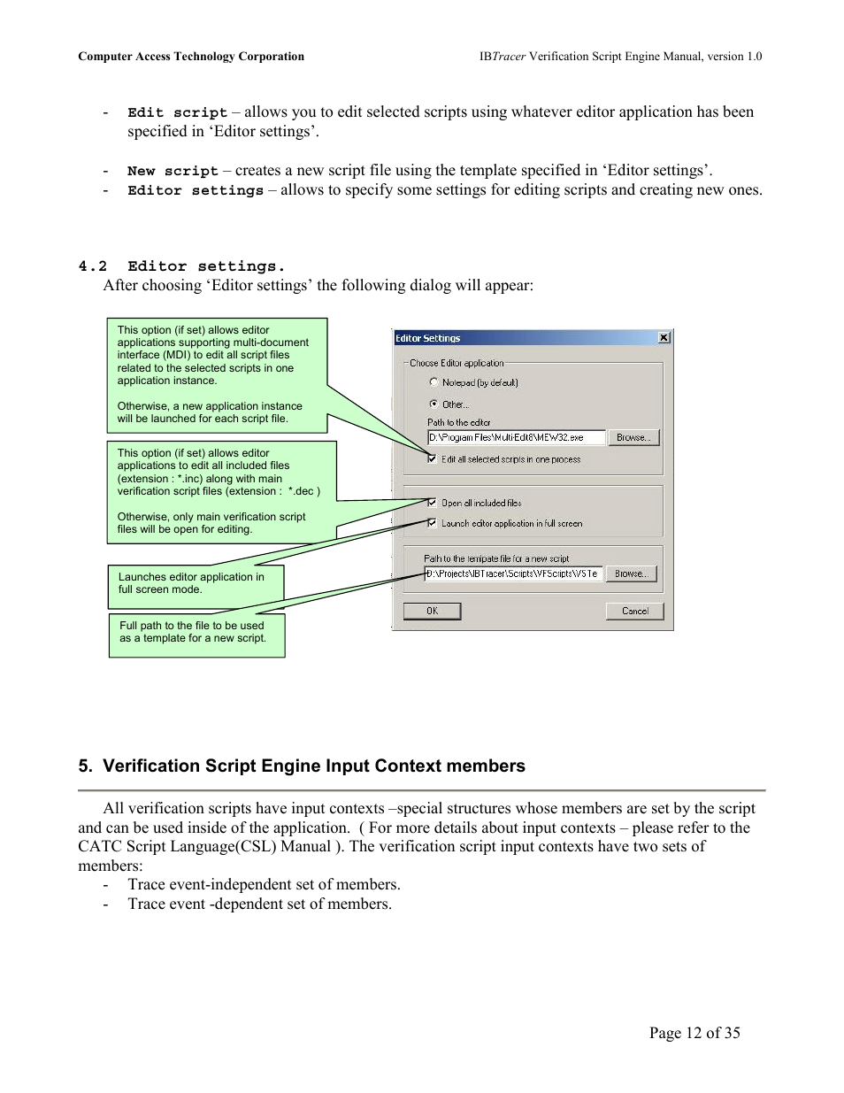 Ditor settings, Verification script engine input context members | Teledyne LeCroy IBTracer 4X - IBTracer Verification Script Engine Users Manual User Manual | Page 12 / 35