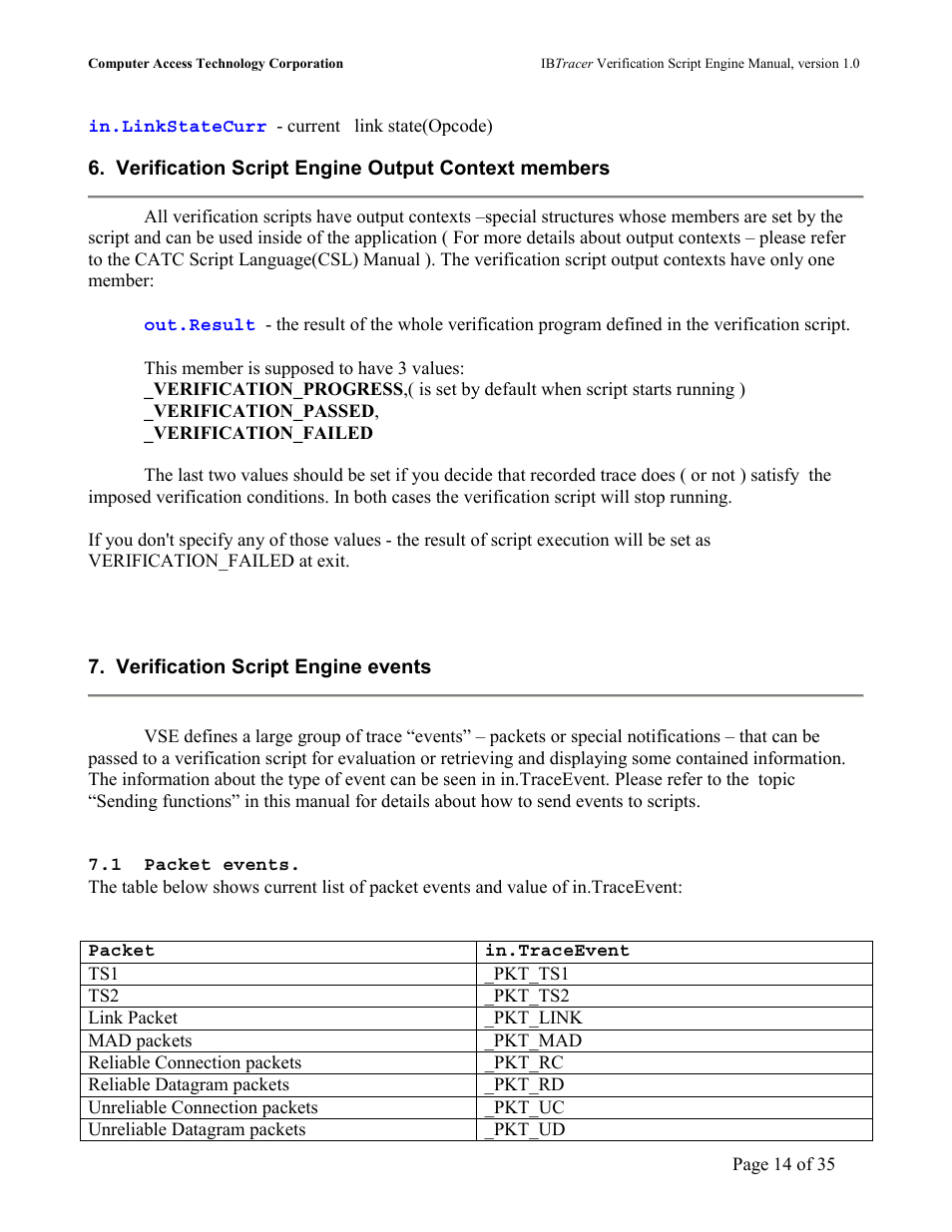 Verification script engine output context members, Verification script engine events, Acket events | Teledyne LeCroy IBTracer 4X - IBTracer Verification Script Engine Users Manual User Manual | Page 14 / 35