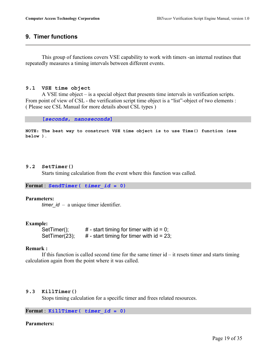 Timer functions, 1 vse, Time object | Imer | Teledyne LeCroy IBTracer 4X - IBTracer Verification Script Engine Users Manual User Manual | Page 19 / 35