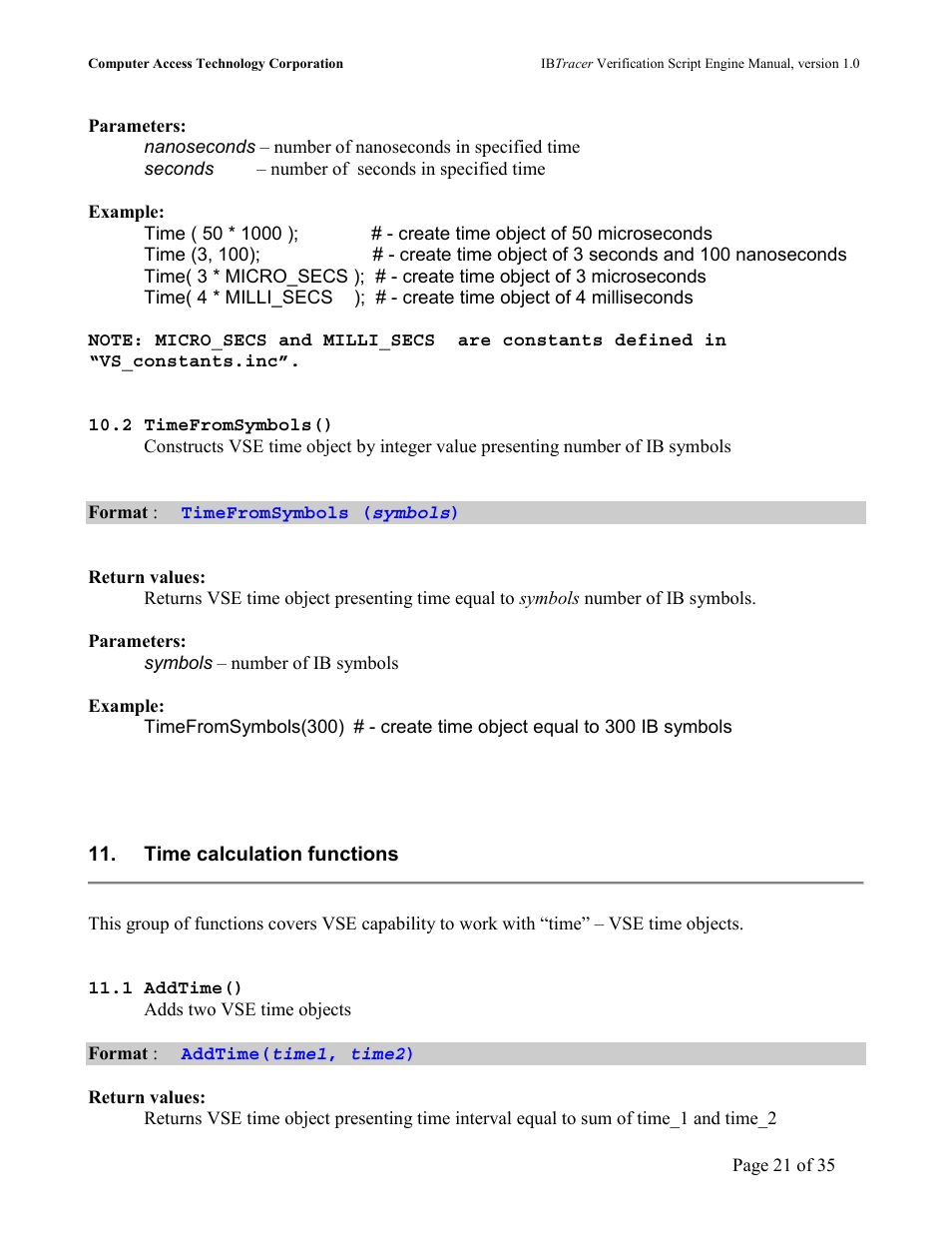 Ymbols, Time calculation functions | Teledyne LeCroy IBTracer 4X - IBTracer Verification Script Engine Users Manual User Manual | Page 21 / 35