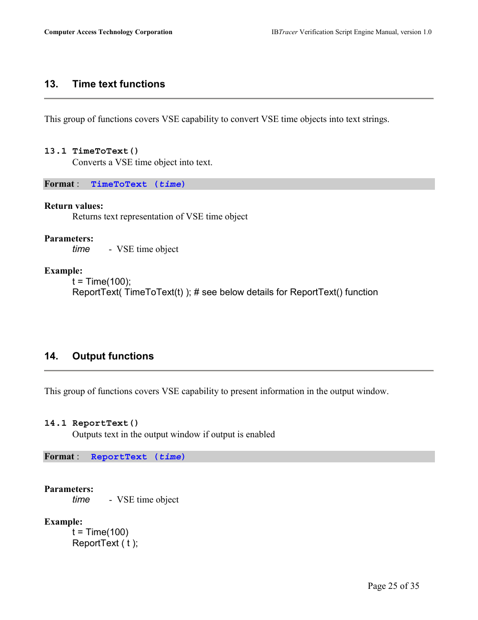 Time text functions, Output functions, Eport | Teledyne LeCroy IBTracer 4X - IBTracer Verification Script Engine Users Manual User Manual | Page 25 / 35