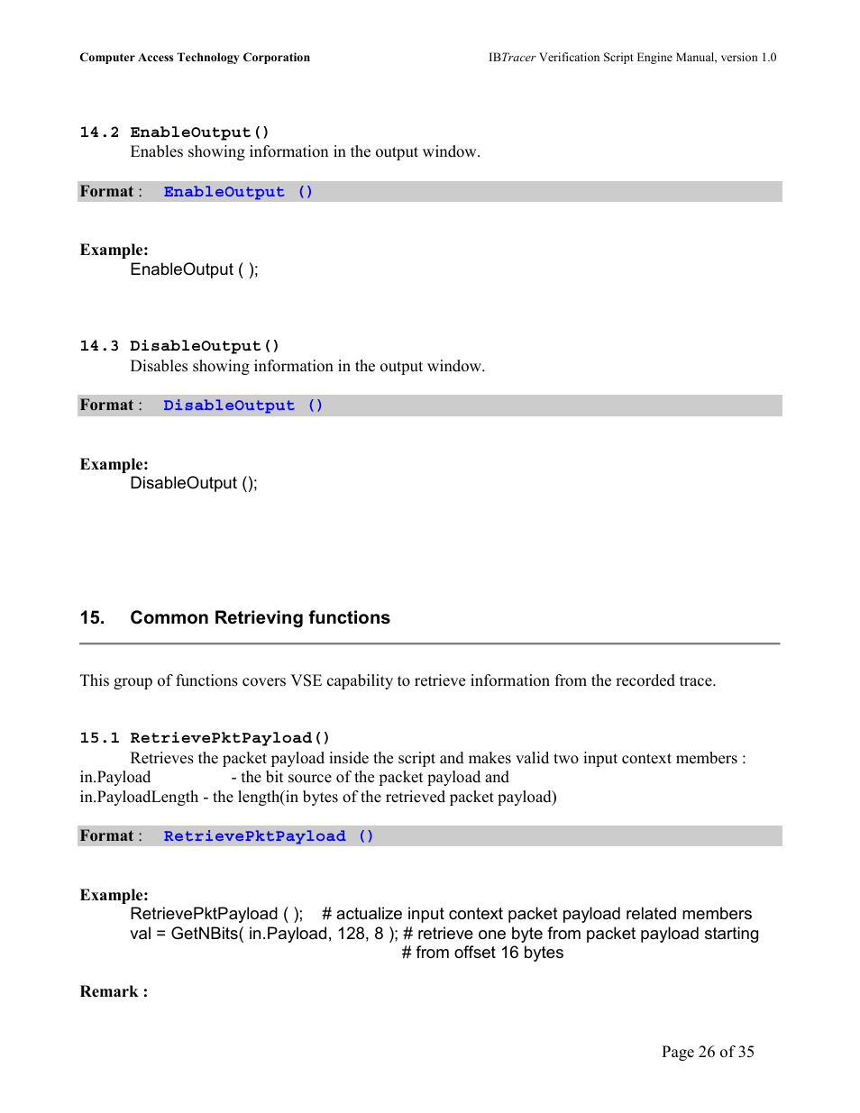 Nable, Utput, Isable | Common retrieving functions, Etrieve, Ayload | Teledyne LeCroy IBTracer 4X - IBTracer Verification Script Engine Users Manual User Manual | Page 26 / 35
