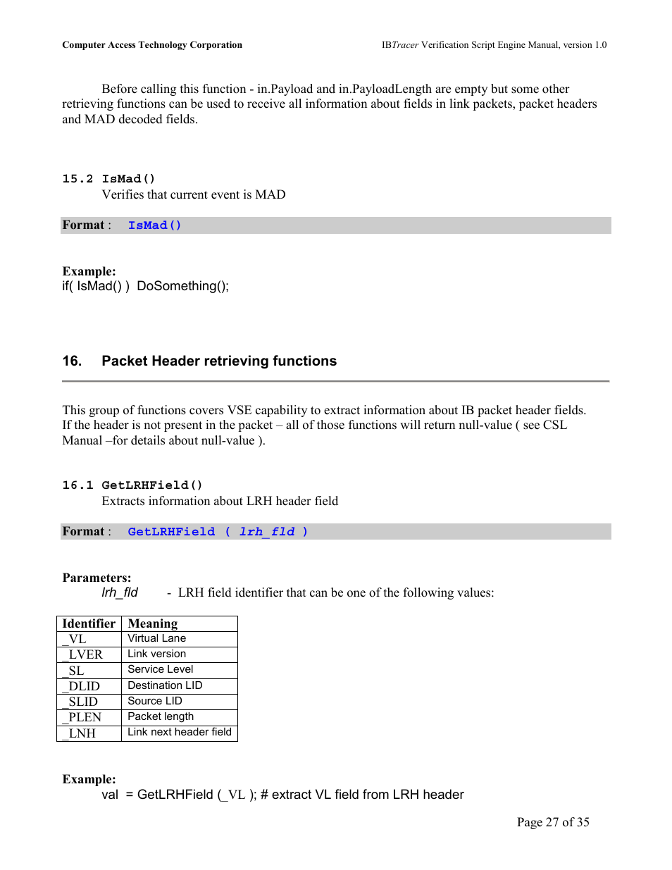 Packet header retrieving functions, Lrhf, Ield | Teledyne LeCroy IBTracer 4X - IBTracer Verification Script Engine Users Manual User Manual | Page 27 / 35