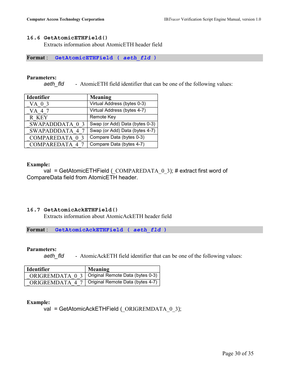 Tomic, Ethf, Ield | Teledyne LeCroy IBTracer 4X - IBTracer Verification Script Engine Users Manual User Manual | Page 30 / 35