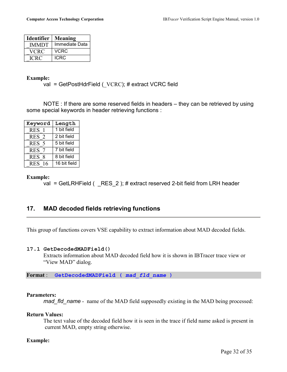 Mad decoded fields retrieving functions, Ecoded, Madf | Ield | Teledyne LeCroy IBTracer 4X - IBTracer Verification Script Engine Users Manual User Manual | Page 32 / 35