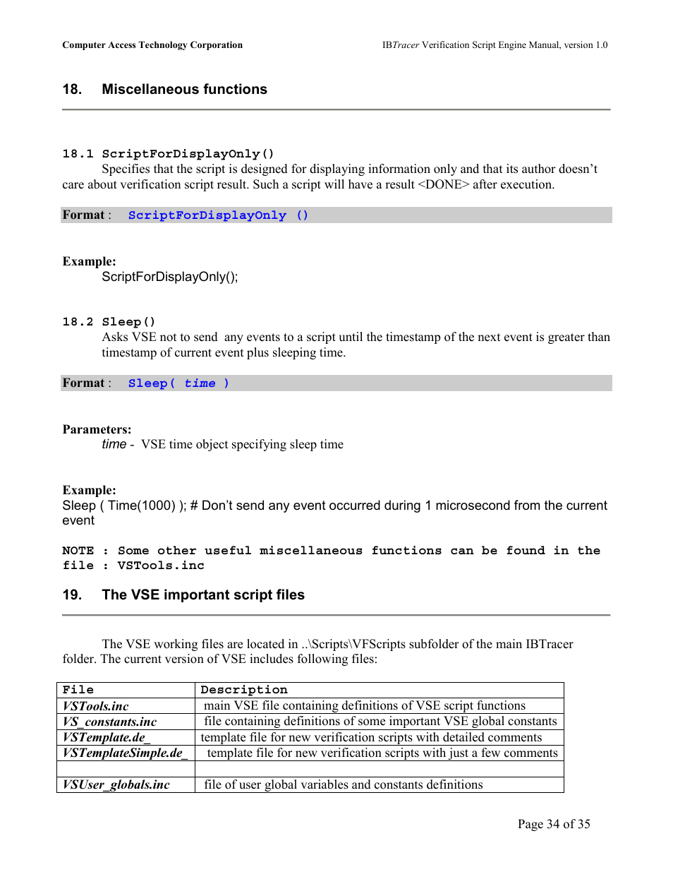 Miscellaneous functions, Cript, Isplay | Leep, The vse important script files | Teledyne LeCroy IBTracer 4X - IBTracer Verification Script Engine Users Manual User Manual | Page 34 / 35