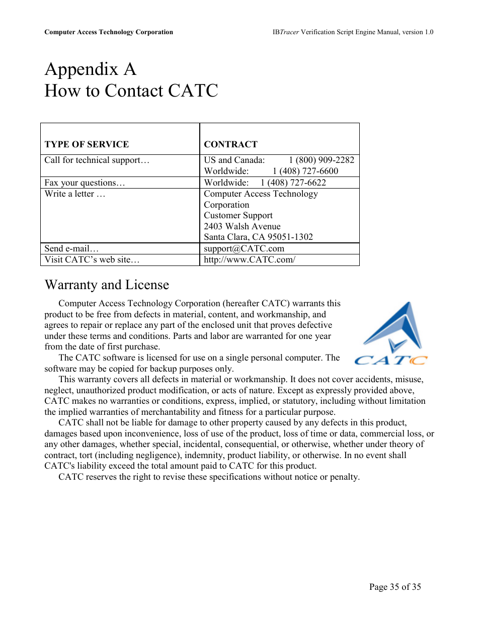 Appendix a how to contact catc, Warranty and license | Teledyne LeCroy IBTracer 4X - IBTracer Verification Script Engine Users Manual User Manual | Page 35 / 35