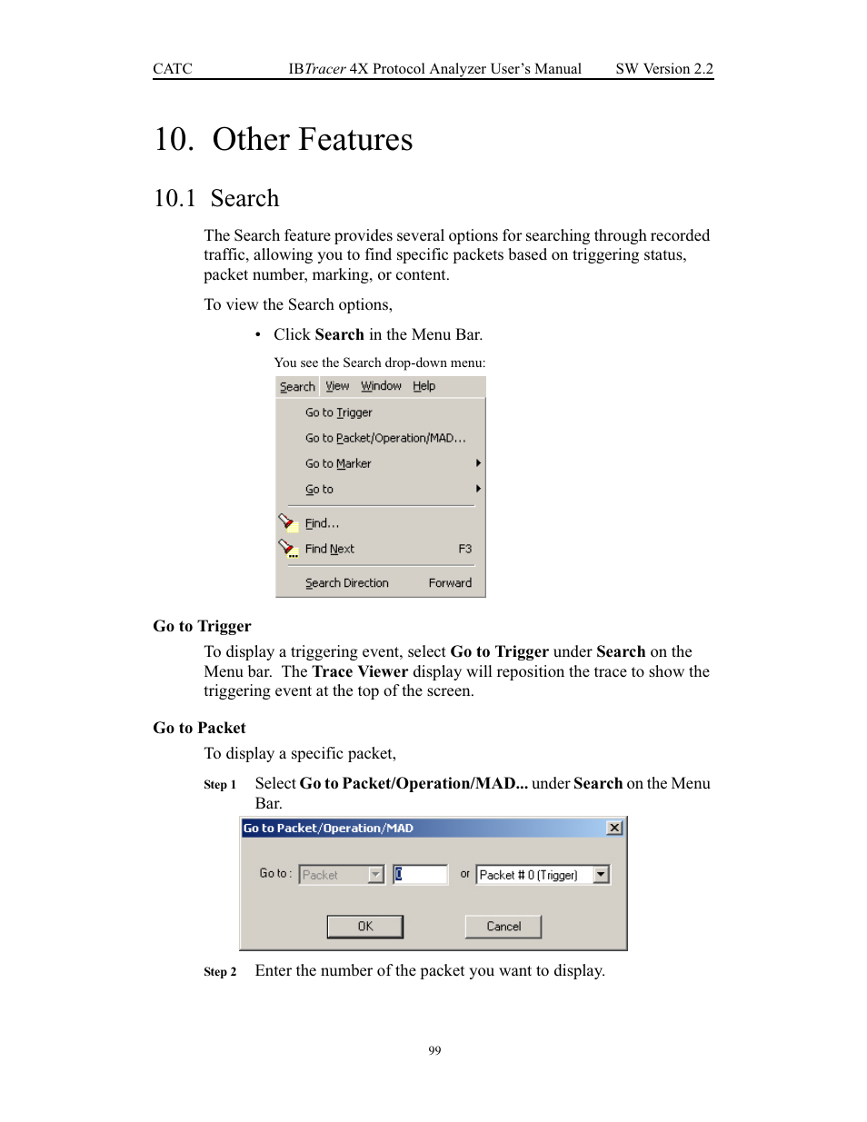 Other features, 1 search, Go to trigger | Go to packet, Chapter 10 other features, Search | Teledyne LeCroy IBTracer 4X - Users Manual Ver.2.20 User Manual | Page 107 / 142