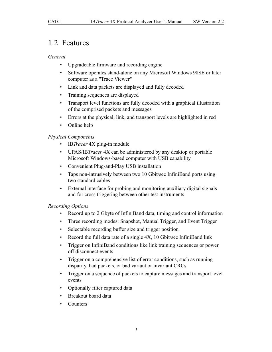 2 features, General, Features | Teledyne LeCroy IBTracer 4X - Users Manual Ver.2.20 User Manual | Page 11 / 142