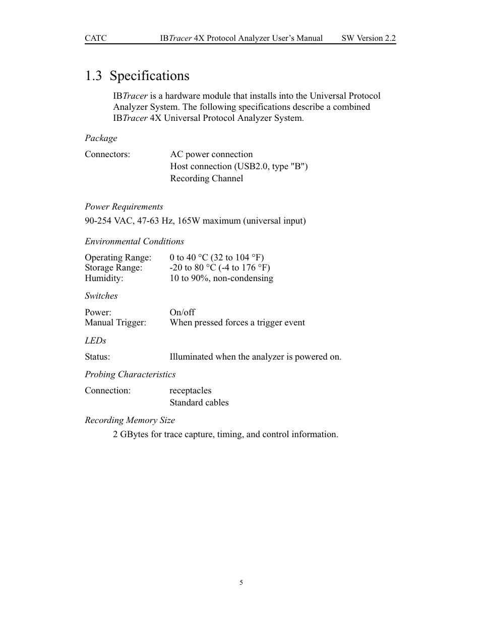 3 specifications, Package, Power requirements | Environmental conditions, Switches, Leds, Probing characteristics, Recording memory size, Specifications | Teledyne LeCroy IBTracer 4X - Users Manual Ver.2.20 User Manual | Page 13 / 142