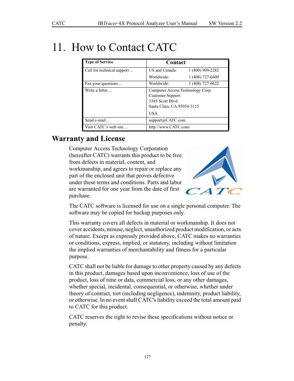 How to contact catc, Warranty and license | Teledyne LeCroy IBTracer 4X - Users Manual Ver.2.20 User Manual | Page 135 / 142
