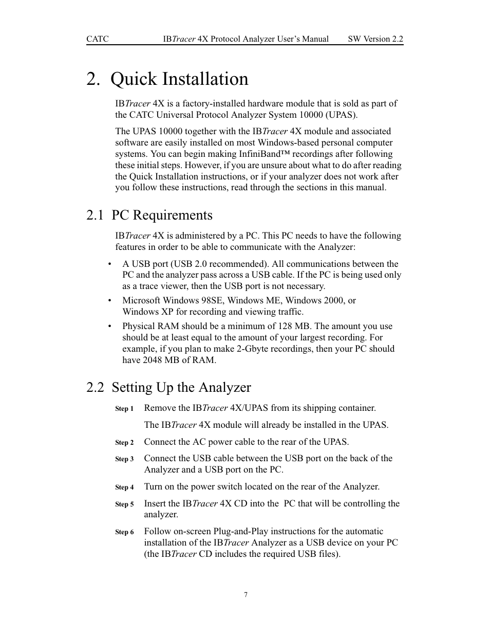 Quick installation, 1 pc requirements, 2 setting up the analyzer | Chapter 2 quick installation, Pc requirements setting up the analyzer | Teledyne LeCroy IBTracer 4X - Users Manual Ver.2.20 User Manual | Page 15 / 142