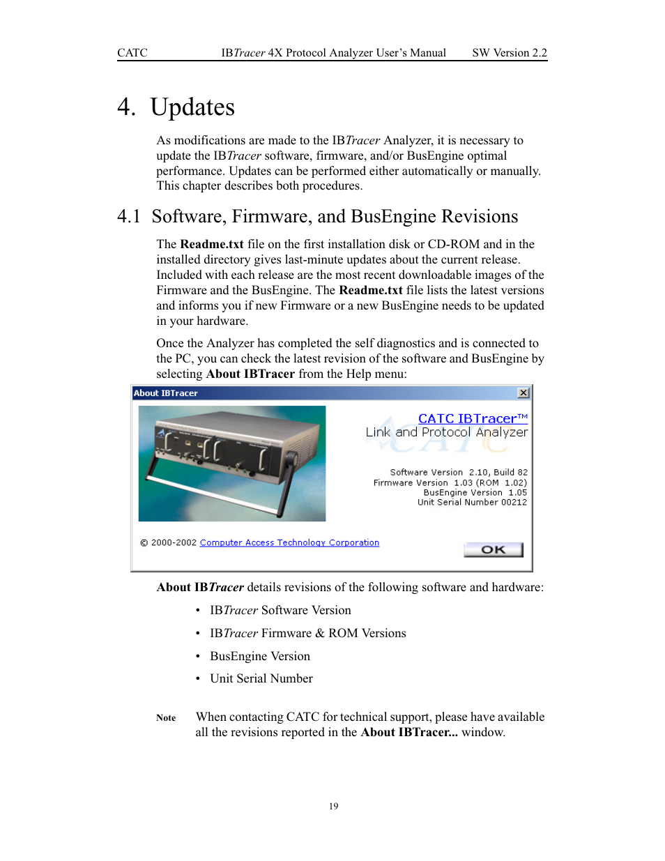 Updates, 1 software, firmware, and busengine revisions, Chapter 4 updates | Software, firmware, and busengine revisions | Teledyne LeCroy IBTracer 4X - Users Manual Ver.2.20 User Manual | Page 27 / 142