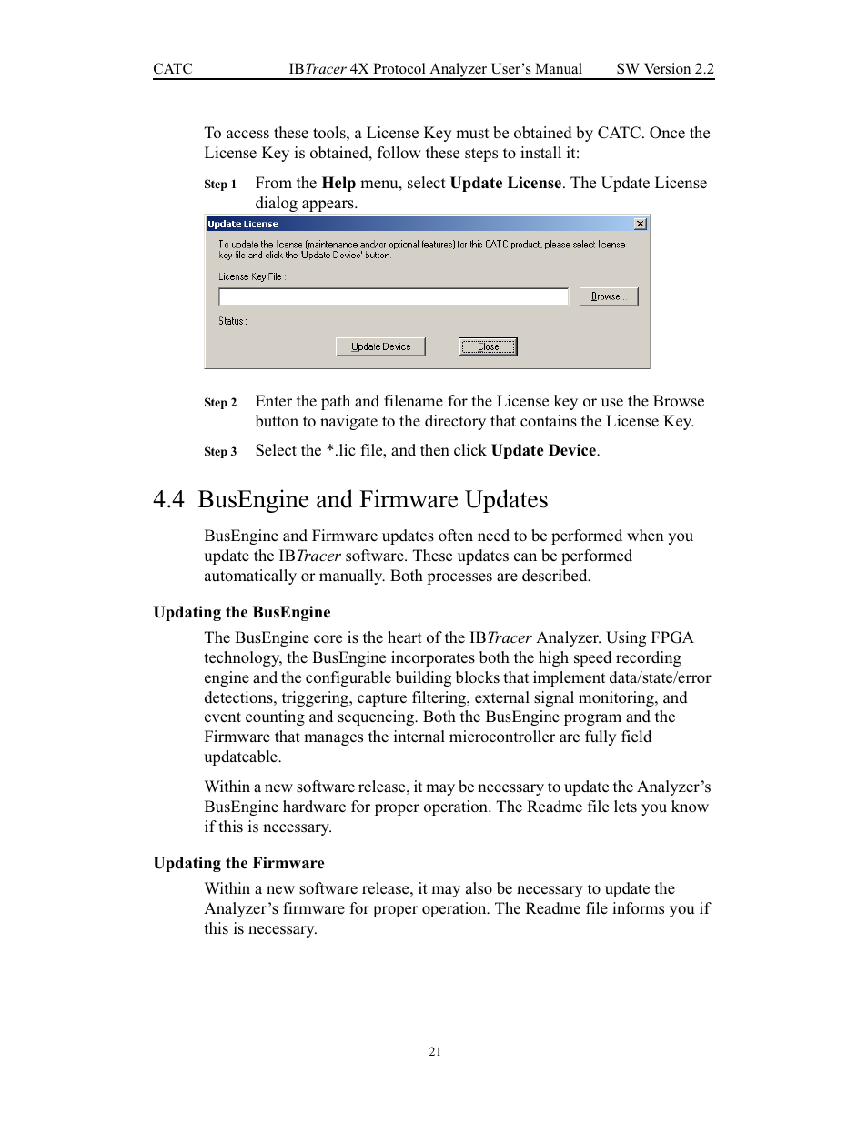 4 busengine and firmware updates, Updating the busengine, Updating the firmware | Busengine and firmware updates, Updating the busengine updating the firmware | Teledyne LeCroy IBTracer 4X - Users Manual Ver.2.20 User Manual | Page 29 / 142