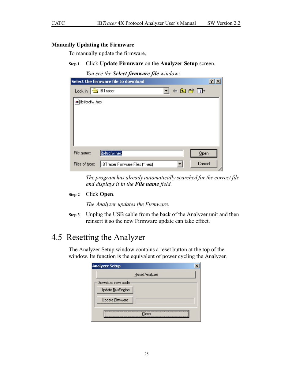 Manually updating the firmware, 5 resetting the analyzer, Resetting the analyzer | Teledyne LeCroy IBTracer 4X - Users Manual Ver.2.20 User Manual | Page 33 / 142