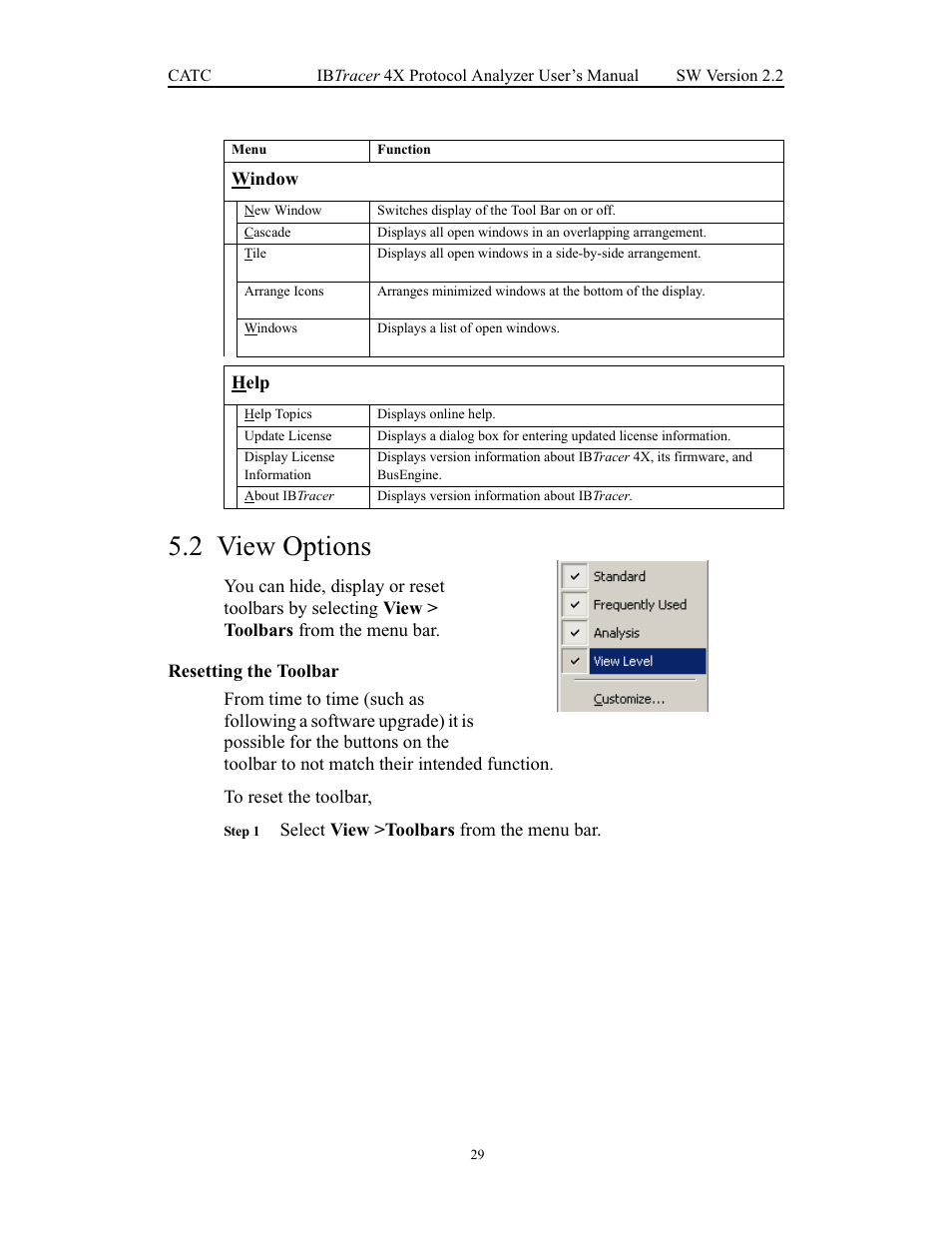 2 view options, Resetting the toolbar, View options | Teledyne LeCroy IBTracer 4X - Users Manual Ver.2.20 User Manual | Page 37 / 142