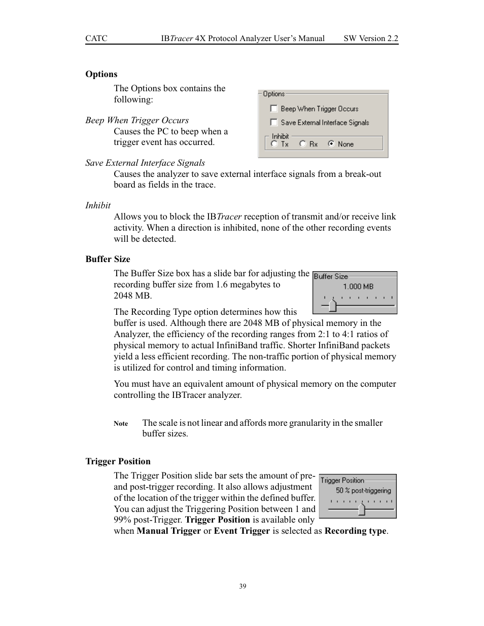 Options, Buffer size, Trigger position | Options buffer size trigger position | Teledyne LeCroy IBTracer 4X - Users Manual Ver.2.20 User Manual | Page 47 / 142