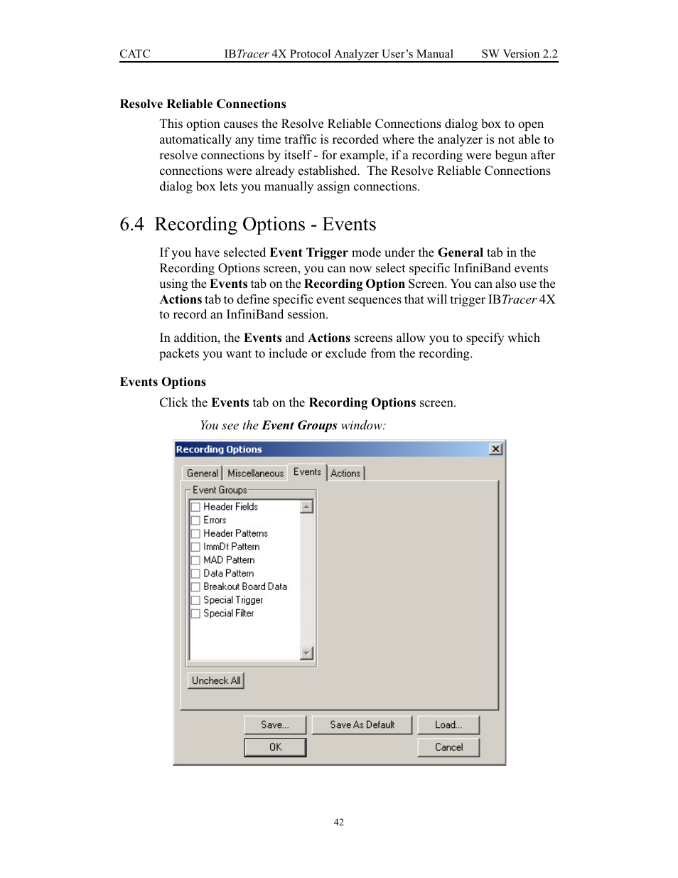 Resolve reliable connections, 4 recording options - events, Events options | Recording options - events | Teledyne LeCroy IBTracer 4X - Users Manual Ver.2.20 User Manual | Page 50 / 142