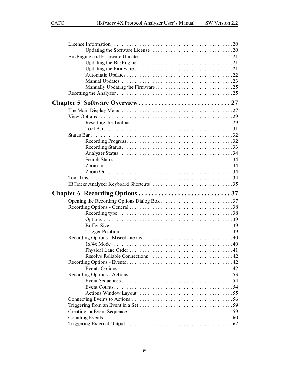 Chapter 5 software overview, Chapter 6 recording options | Teledyne LeCroy IBTracer 4X - Users Manual Ver.2.20 User Manual | Page 6 / 142