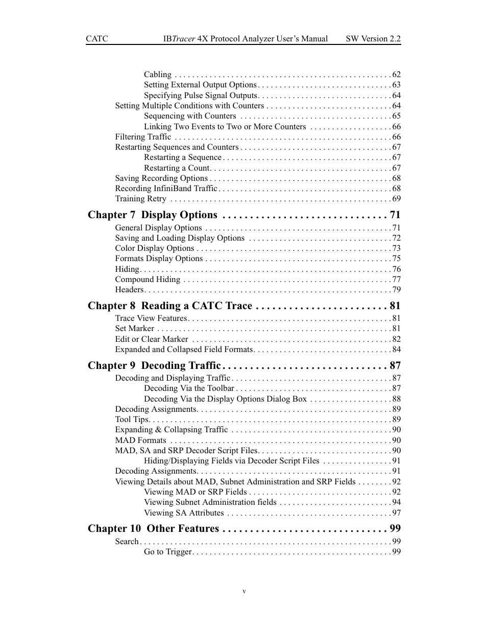 Chapter 7 display options, Chapter 8 reading a catc trace, Chapter 9 decoding traffic | Chapter 10 other features | Teledyne LeCroy IBTracer 4X - Users Manual Ver.2.20 User Manual | Page 7 / 142
