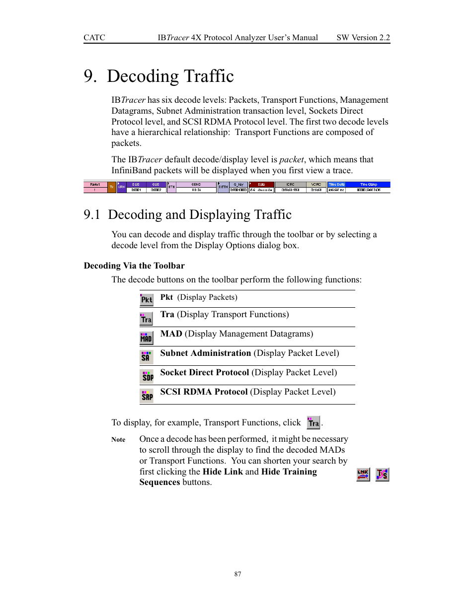 Decoding traffic, 1 decoding and displaying traffic, Decoding via the toolbar | Chapter 9 decoding traffic, Decoding and displaying traffic | Teledyne LeCroy IBTracer 4X - Users Manual Ver.2.20 User Manual | Page 95 / 142