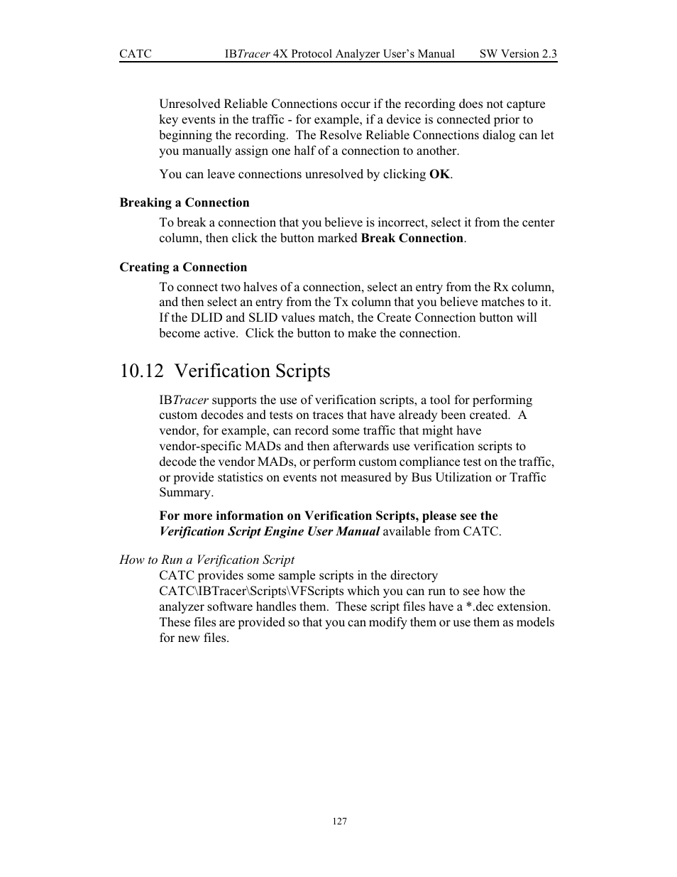 Breaking a connection, Creating a connection, 12 verification scripts | Breaking a connection creating a connection, Verification scripts | Teledyne LeCroy IBTracer 4X - Users Manual Ver.2.30 User Manual | Page 135 / 146