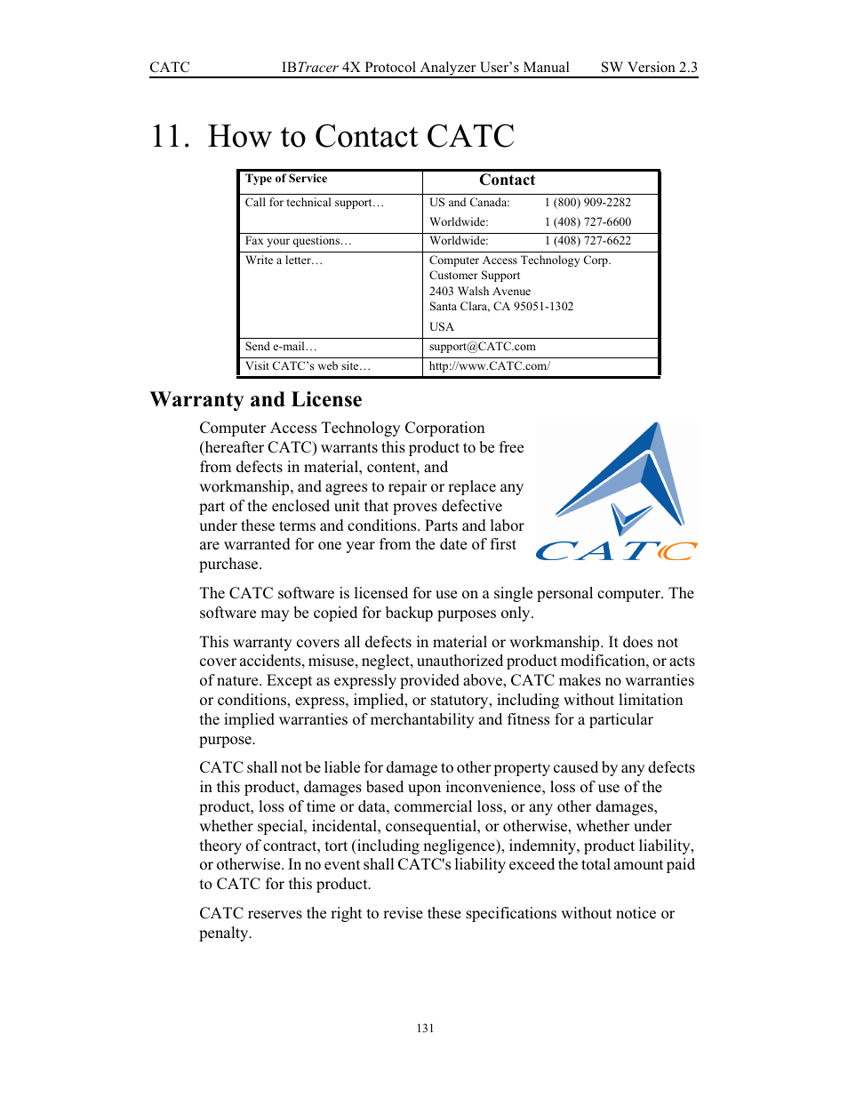 How to contact catc, Warranty and license | Teledyne LeCroy IBTracer 4X - Users Manual Ver.2.30 User Manual | Page 139 / 146