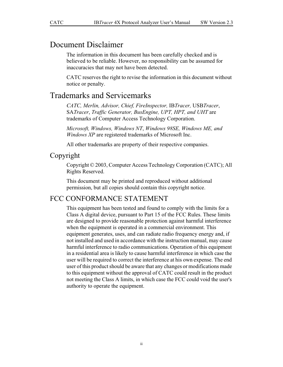 Document disclaimer, Trademarks and servicemarks, Copyright | Fcc conformance statement | Teledyne LeCroy IBTracer 4X - Users Manual Ver.2.30 User Manual | Page 2 / 146