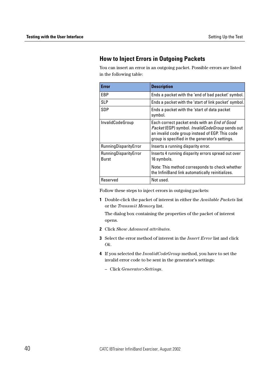 How to inject errors in outgoing packets | Teledyne LeCroy IBTrainer - IBTrainer Users Manual User Manual | Page 40 / 102
