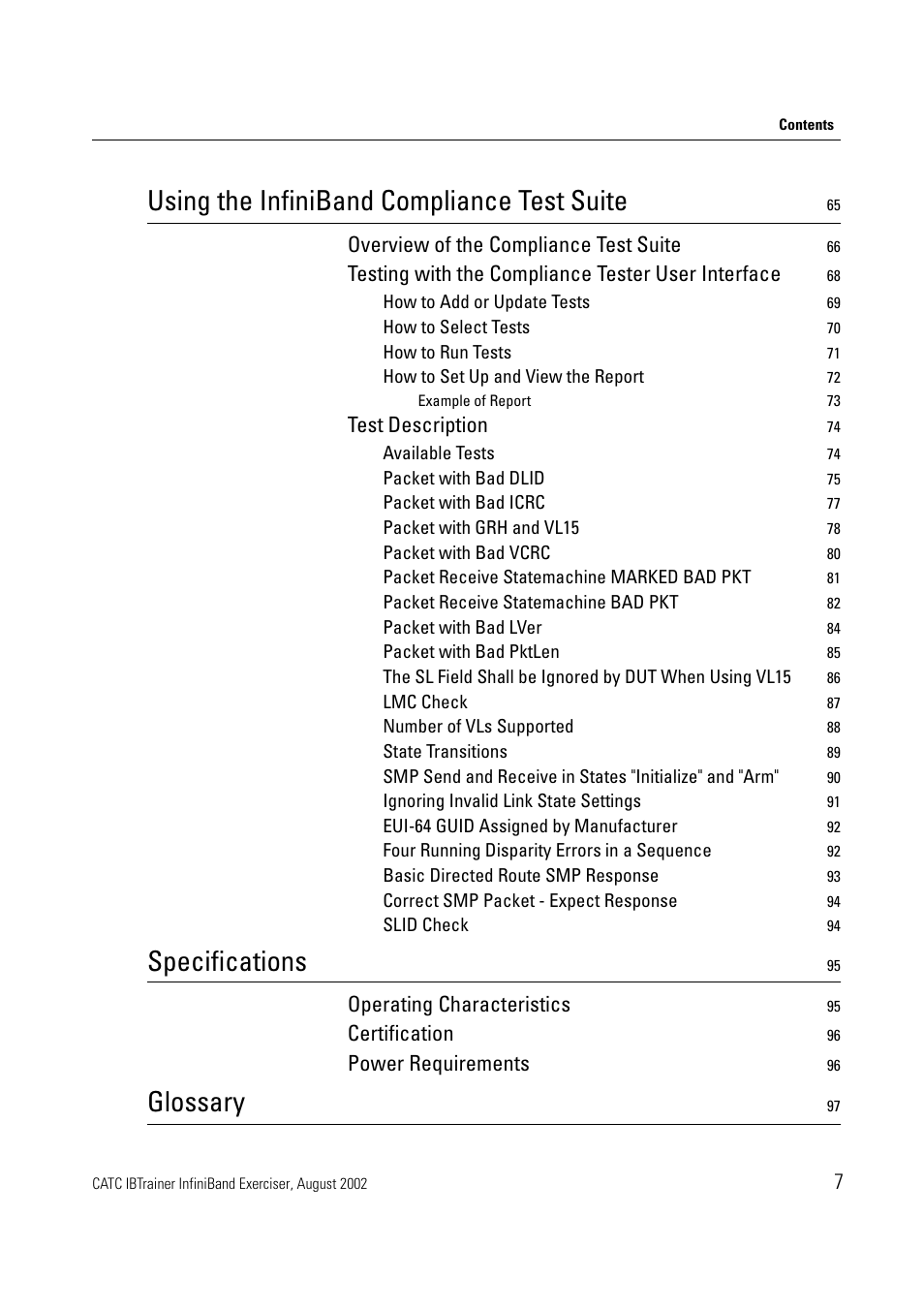 Using the infiniband compliance test suite, Specifications, Glossary | Overview of the compliance test suite, Testing with the compliance tester user interface, Test description, Operating characteristics, Certification, Power requirements | Teledyne LeCroy IBTrainer - IBTrainer Users Manual User Manual | Page 7 / 102