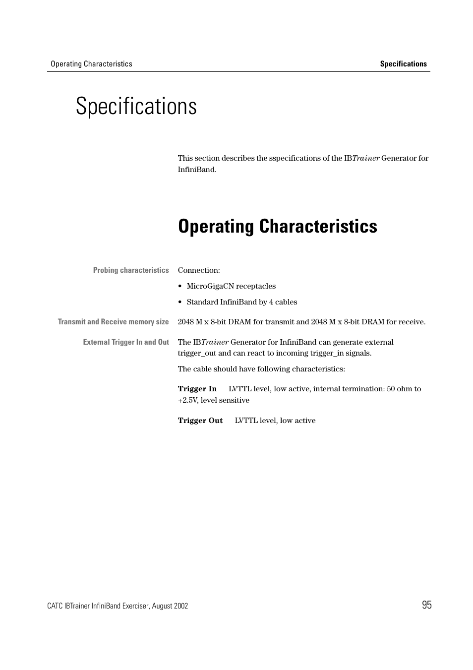 Specifications, Operating characteristics | Teledyne LeCroy IBTrainer - IBTrainer Users Manual User Manual | Page 95 / 102