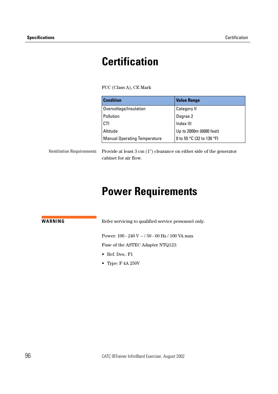 Certification, Power requirements | Teledyne LeCroy IBTrainer - IBTrainer Users Manual User Manual | Page 96 / 102