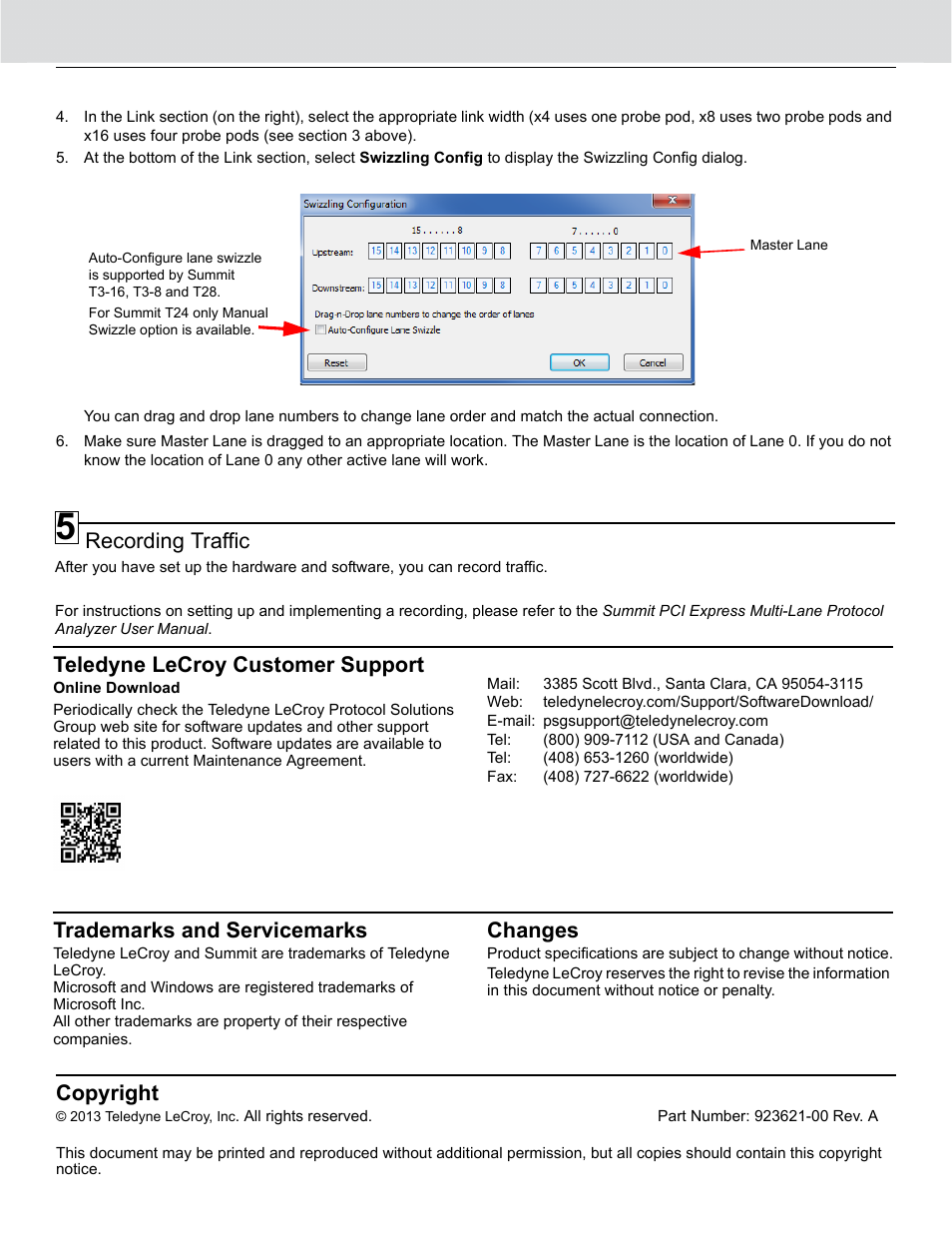Trademarks and servicemarks, Changes, Teledyne lecroy customer support | Copyright, Recording traffic | Teledyne LeCroy PCI Express 2.0 Mid-Bus Probe for Summit T24 User Manual | Page 4 / 4