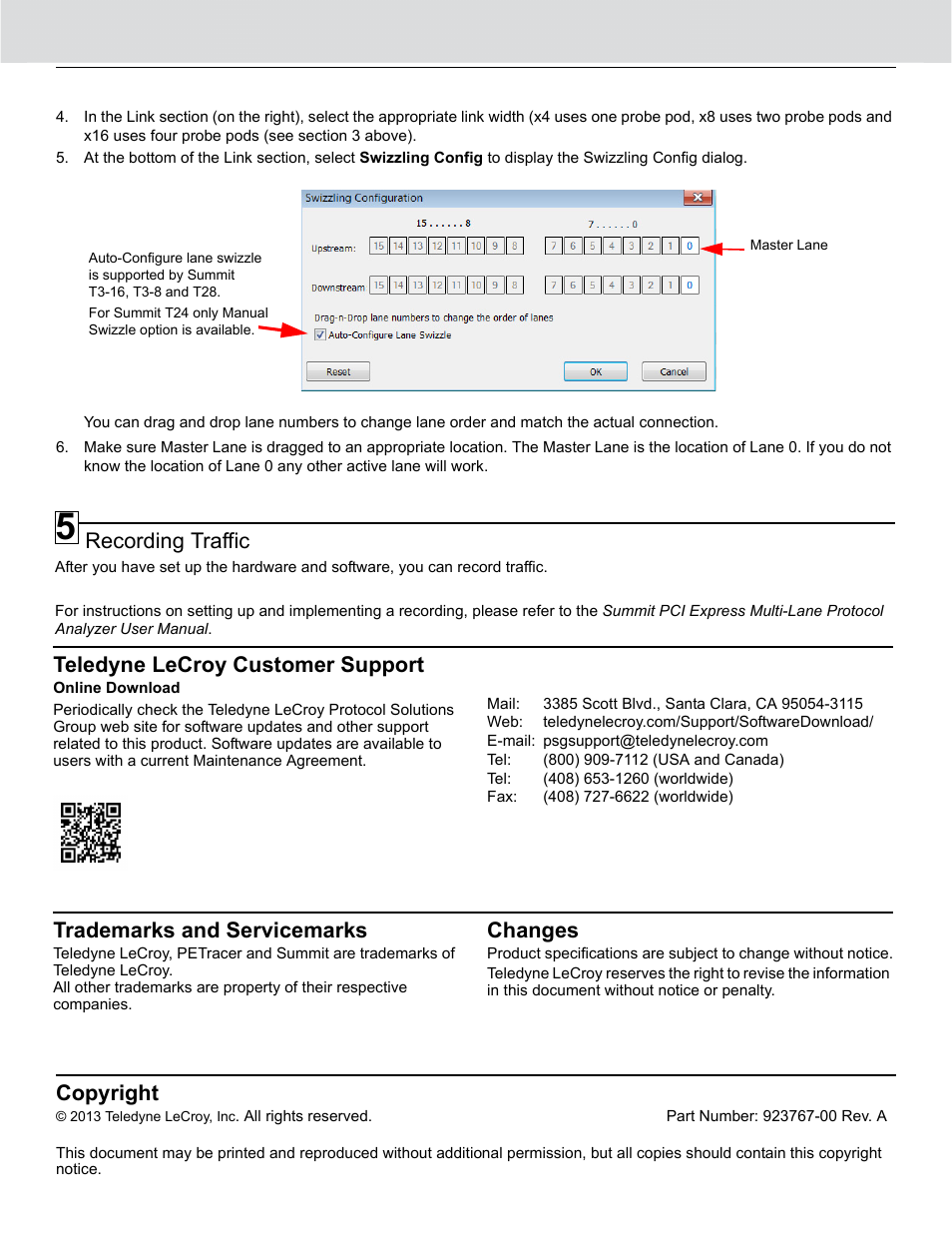 Trademarks and servicemarks, Changes, Teledyne lecroy customer support | Copyright, Recording traffic | Teledyne LeCroy PCI Express 2.0 Multi-Lead Probe User Manual | Page 4 / 4