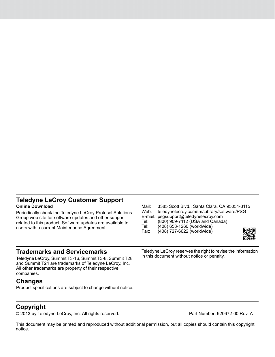 Trademarks and servicemarks, Changes, Teledyne lecroy customer support | Copyright | Teledyne LeCroy PCI Express 3.0 Multi-Lead Probe PCIe User Manual | Page 6 / 6