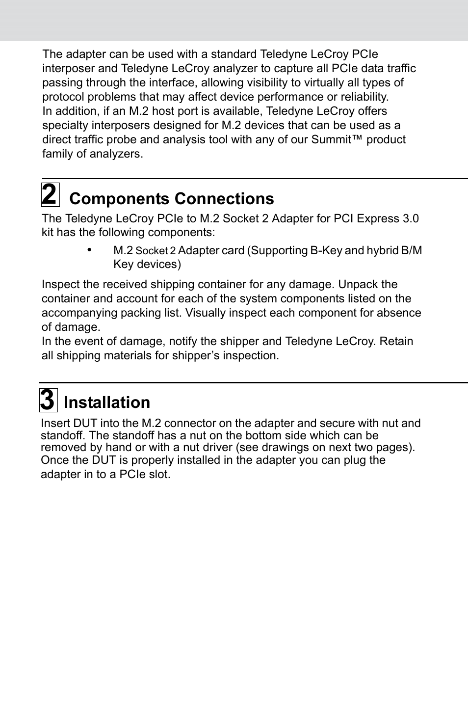 Components connections, Installation | Teledyne LeCroy PCIe Gen3 M.2 Socket2 Adapter Quick Start User Manual | Page 2 / 8