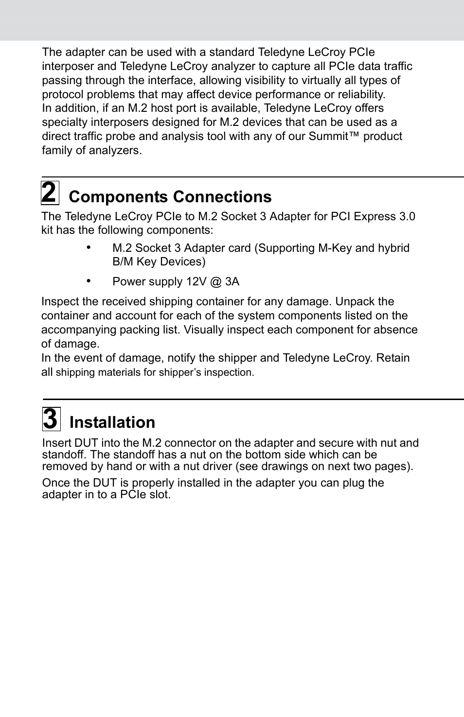 Components connections, Installation | Teledyne LeCroy PCIe Gen3 M.2 Socket3 Adapter Quick Start User Manual | Page 2 / 8