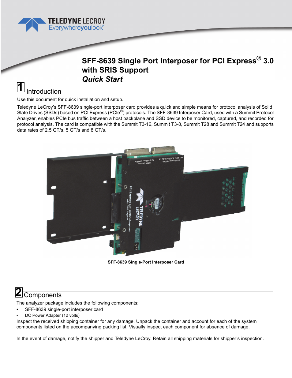 Teledyne LeCroy PCIe Gen3 SFF-8639 Interposer With SRIS Quick Start User Manual | 2 pages