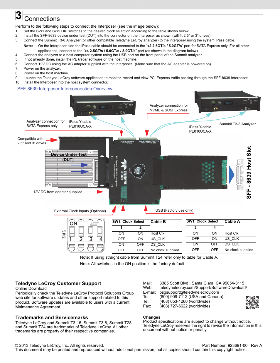Connections, Sff - 8639 host slot, Teledyne lecroy customer support | Trademarks and servicemarks | Teledyne LeCroy PCIe Gen3 SFF-8639 Interposer With SRIS Quick Start User Manual | Page 2 / 2