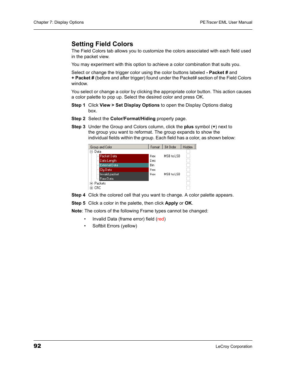 Setting field colors | Teledyne LeCroy PETracer EML Analyzer and Exerciser User Manual User Manual | Page 100 / 258