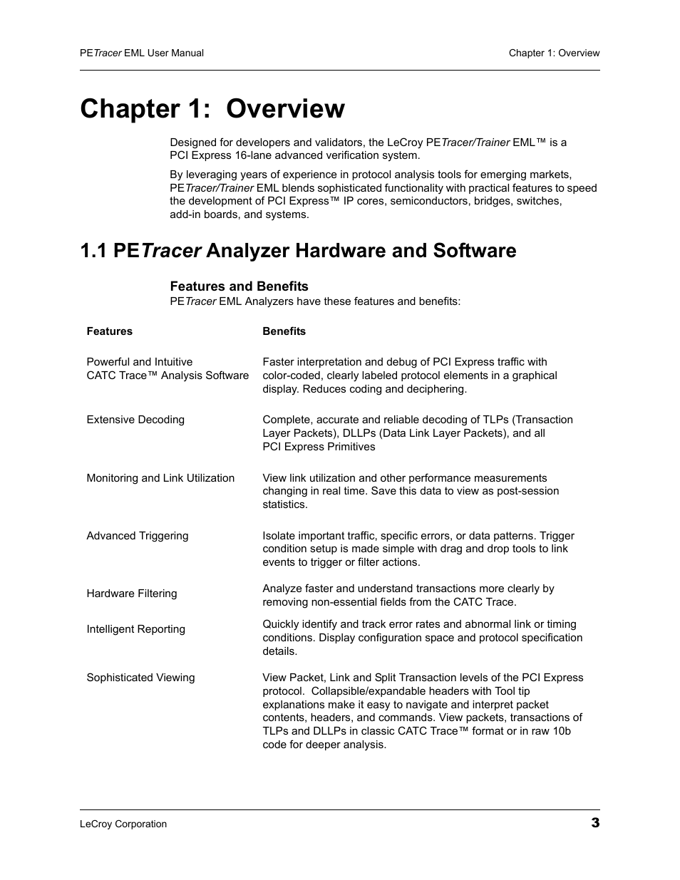 Chapter 1: overview, 1 petracer analyzer hardware and software, Chapter 1 | Overview, 1 pe tracer analyzer hardware and software | Teledyne LeCroy PETracer EML Analyzer and Exerciser User Manual User Manual | Page 11 / 258