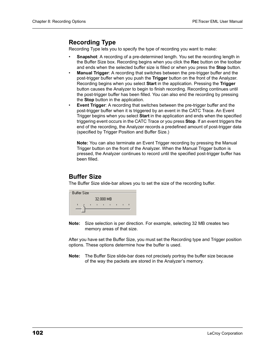 Recording type, Buffer size, Recording type buffer size | Teledyne LeCroy PETracer EML Analyzer and Exerciser User Manual User Manual | Page 110 / 258