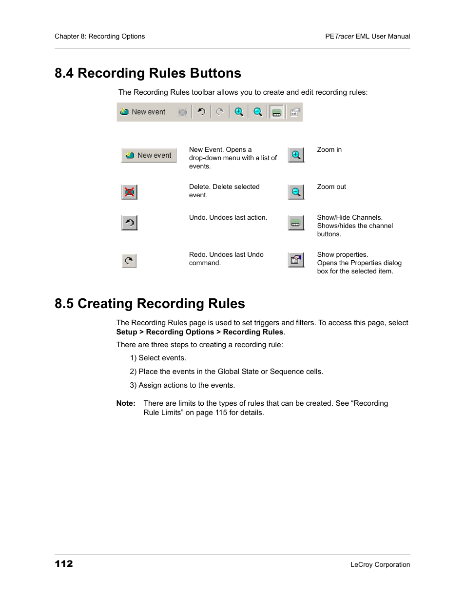 4 recording rules buttons, 5 creating recording rules | Teledyne LeCroy PETracer EML Analyzer and Exerciser User Manual User Manual | Page 120 / 258