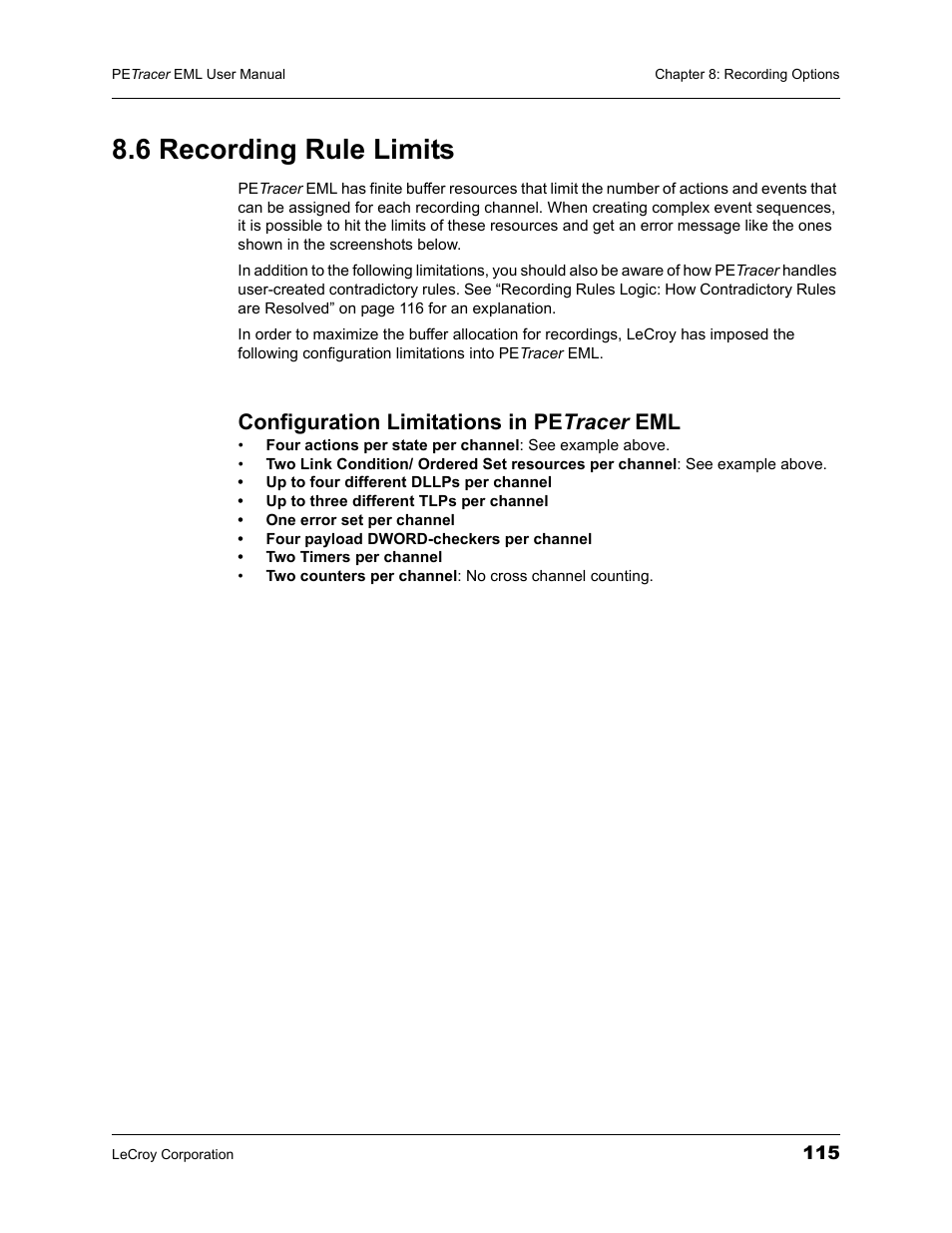 6 recording rule limits, Configuration limitations in petracer eml, Configuration limitations in pe tracer eml | Teledyne LeCroy PETracer EML Analyzer and Exerciser User Manual User Manual | Page 123 / 258