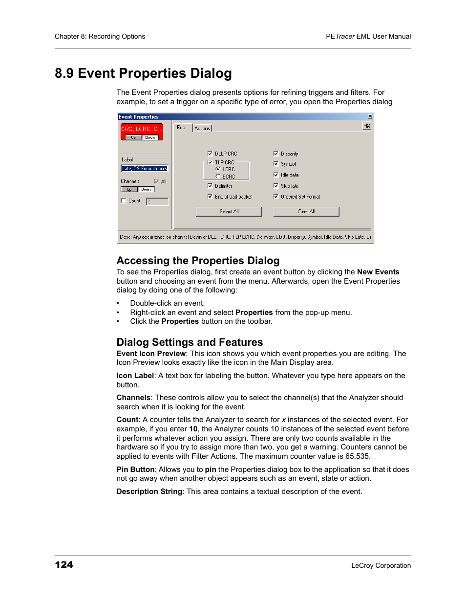 9 event properties dialog, Accessing the properties dialog, Dialog settings and features | Teledyne LeCroy PETracer EML Analyzer and Exerciser User Manual User Manual | Page 132 / 258